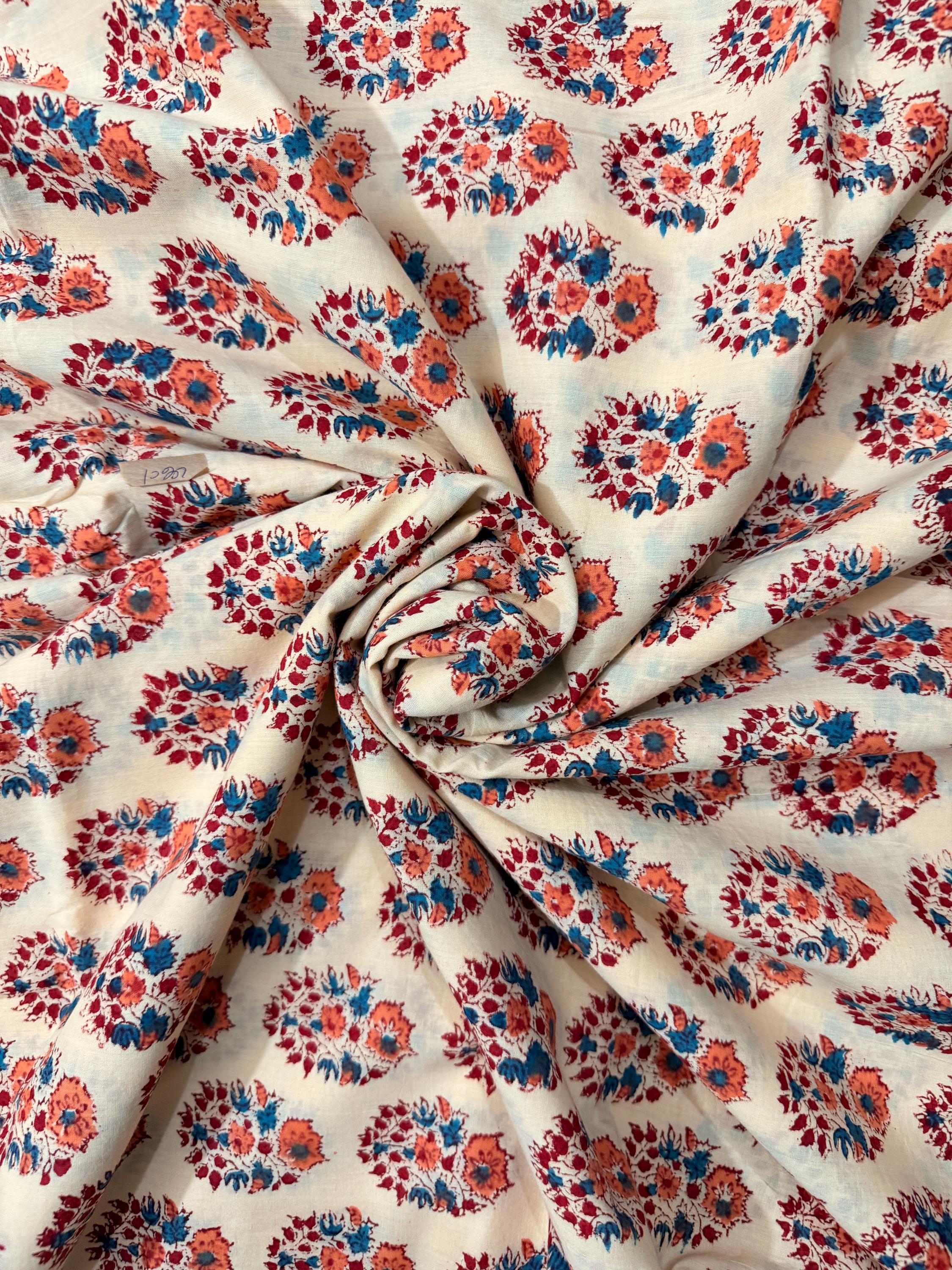 Hand Block Print Cotton Running Fabric, Natural Dye Fabric by the Yard, Handmade Indian Textile, Sewing Craft Fabric