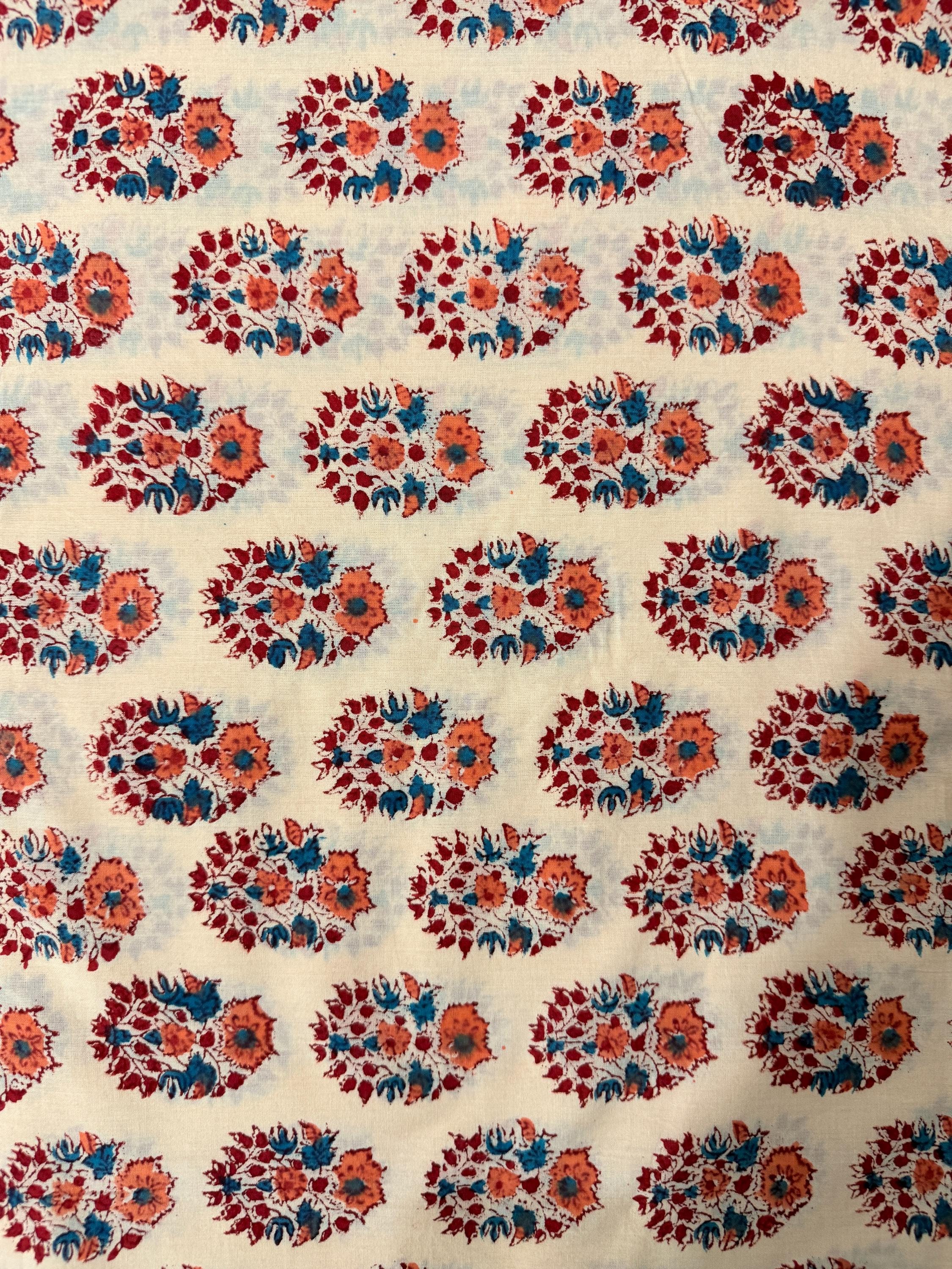 Hand Block Print Cotton Running Fabric, Natural Dye Fabric by the Yard, Handmade Indian Textile, Sewing Craft Fabric