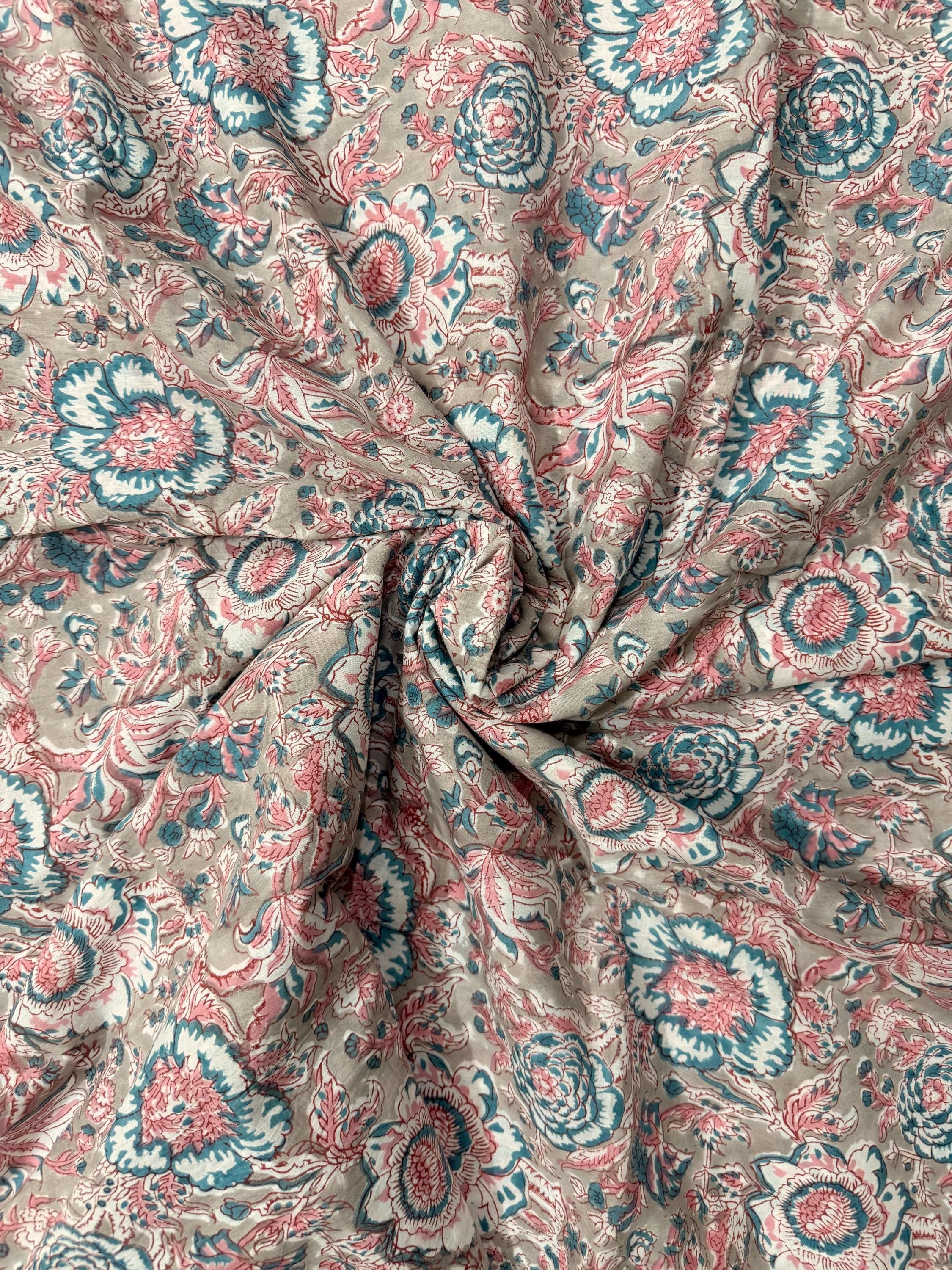 Hand Block Print Cotton Running Fabric, Natural Dye Fabric by the Yard, Handmade Indian Textile, Sewing Craft Fabric