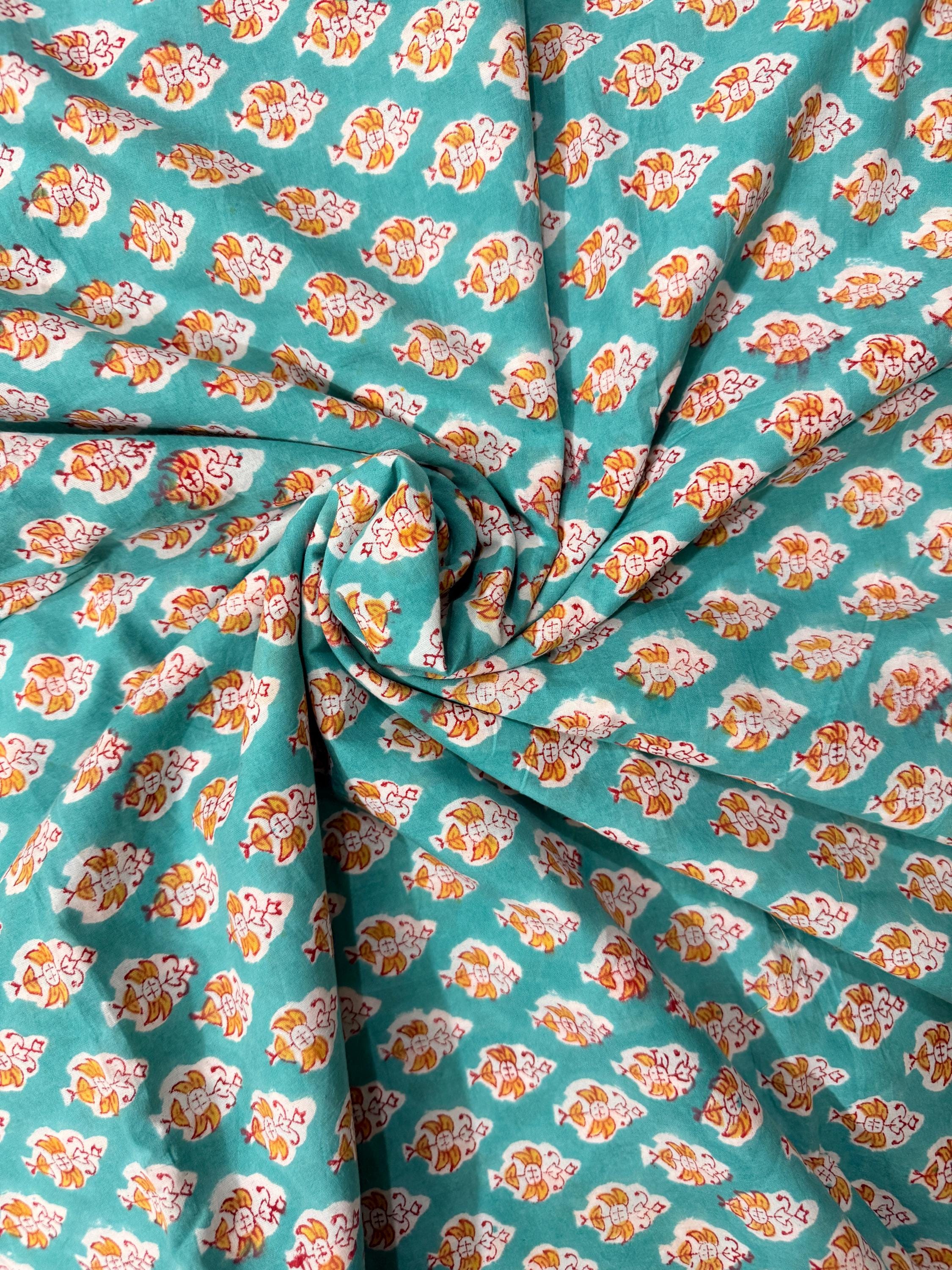 Hand Block Print Cotton Running Fabric, Natural Dye Fabric by the Yard, Handmade Indian Textile, Sewing Craft Fabric