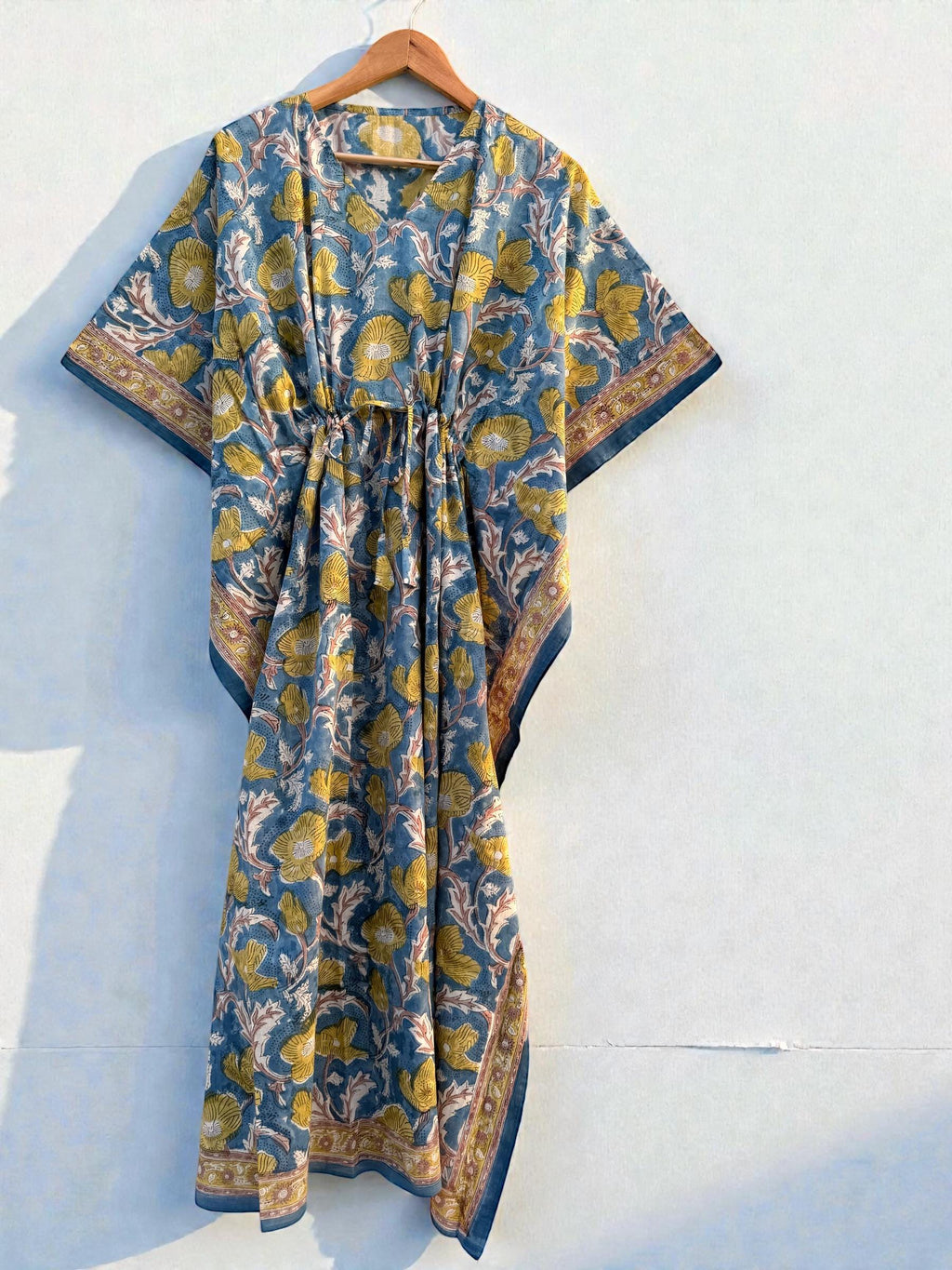 Hand Block Printed Cotton Kaftan - Floral Boho Lounge Dress Kaftan with Drawstring Waist | Indian Summer Dress, Beach & Resort Wear