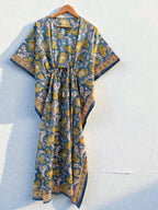 Hand Block Printed Cotton Kaftan - Floral Boho Lounge Dress Kaftan with Drawstring Waist | Indian Summer Dress, Beach & Resort Wear
