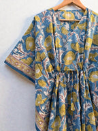 Hand Block Printed Cotton Kaftan - Floral Boho Lounge Dress Kaftan with Drawstring Waist | Indian Summer Dress, Beach & Resort Wear