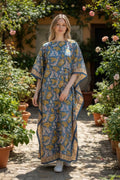 Hand Block Printed Cotton Kaftan - Floral Boho Lounge Dress Kaftan with Drawstring Waist | Indian Summer Dress, Beach & Resort Wear