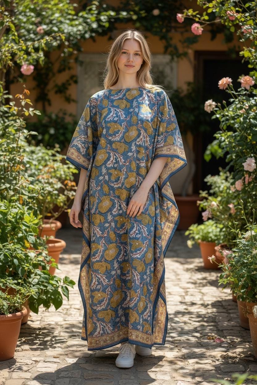 Hand Block Printed Cotton Kaftan - Floral Boho Lounge Dress Kaftan with Drawstring Waist | Indian Summer Dress, Beach & Resort Wear