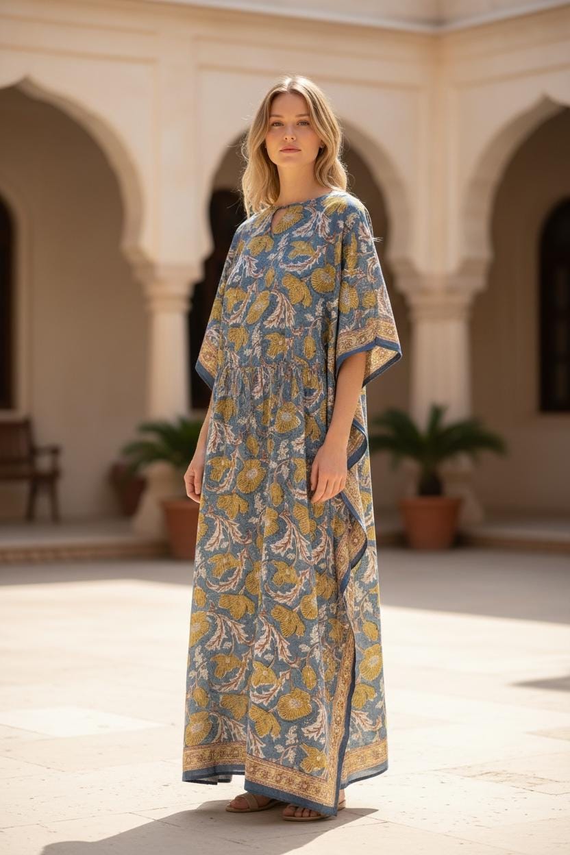 Hand Block Printed Cotton Kaftan - Floral Boho Lounge Dress Kaftan with Drawstring Waist | Indian Summer Dress, Beach & Resort Wear