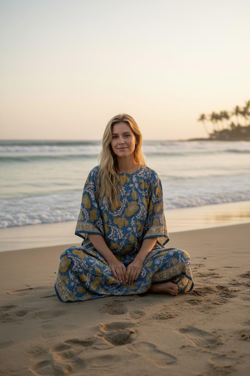 Hand Block Printed Cotton Kaftan - Floral Boho Lounge Dress Kaftan with Drawstring Waist | Indian Summer Dress, Beach & Resort Wear