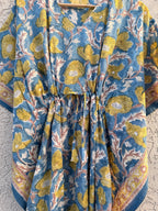 Hand Block Printed Cotton Kaftan - Floral Boho Lounge Dress Kaftan with Drawstring Waist | Indian Summer Dress, Beach & Resort Wear