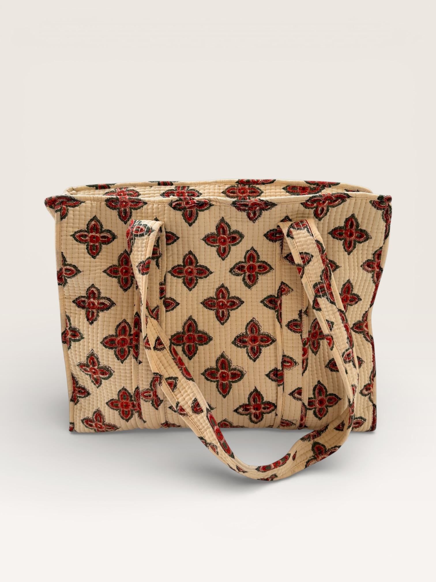 Handmade Block Print Quilted Tote Bag – Beige Cotton Floral Handbag – Indian Blockprint Shoulder Bag – Everyday Eco Friendly Market Bag