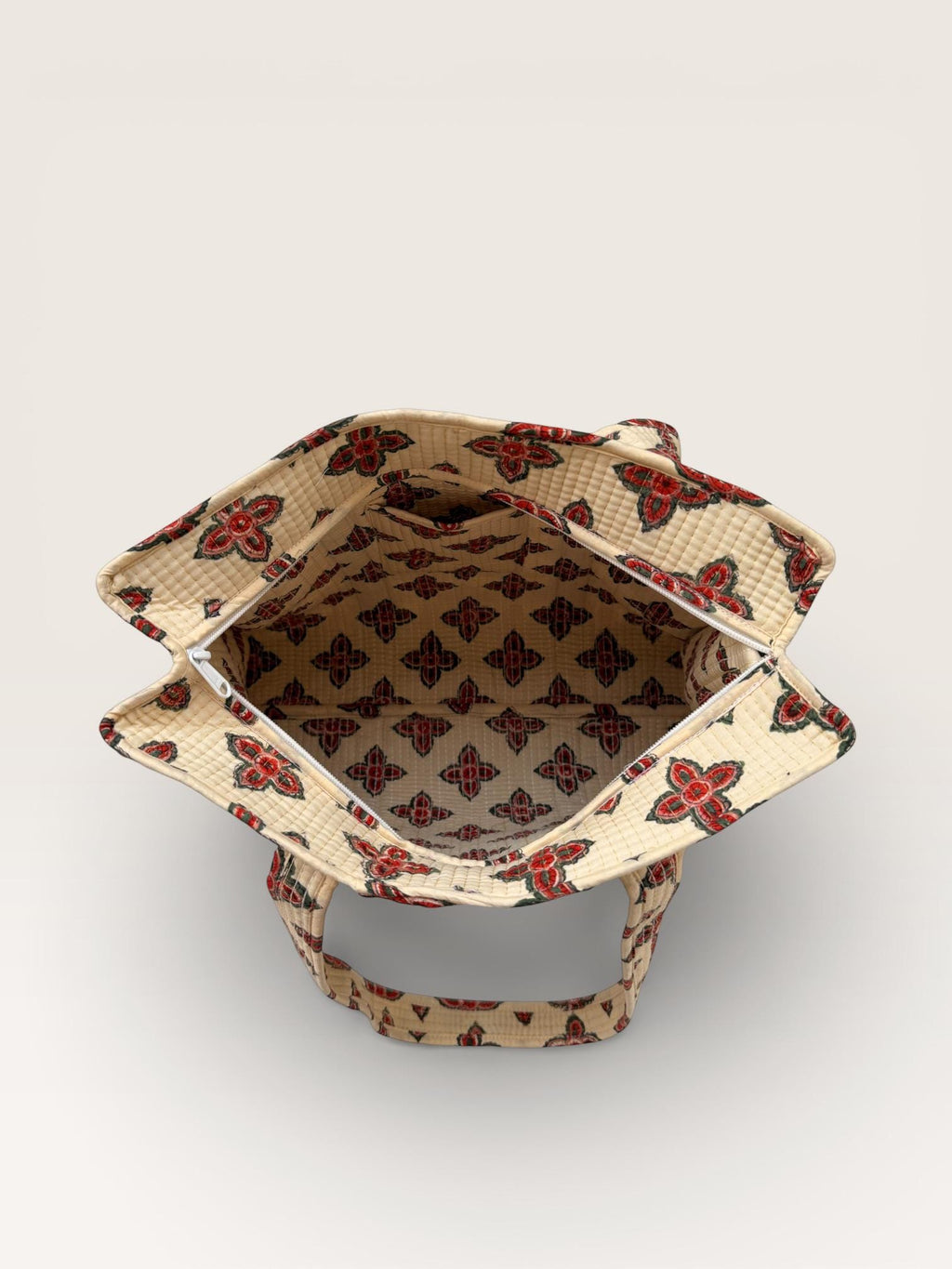Handmade Block Print Quilted Tote Bag – Beige Cotton Floral Handbag – Indian Blockprint Shoulder Bag – Everyday Eco Friendly Market Bag