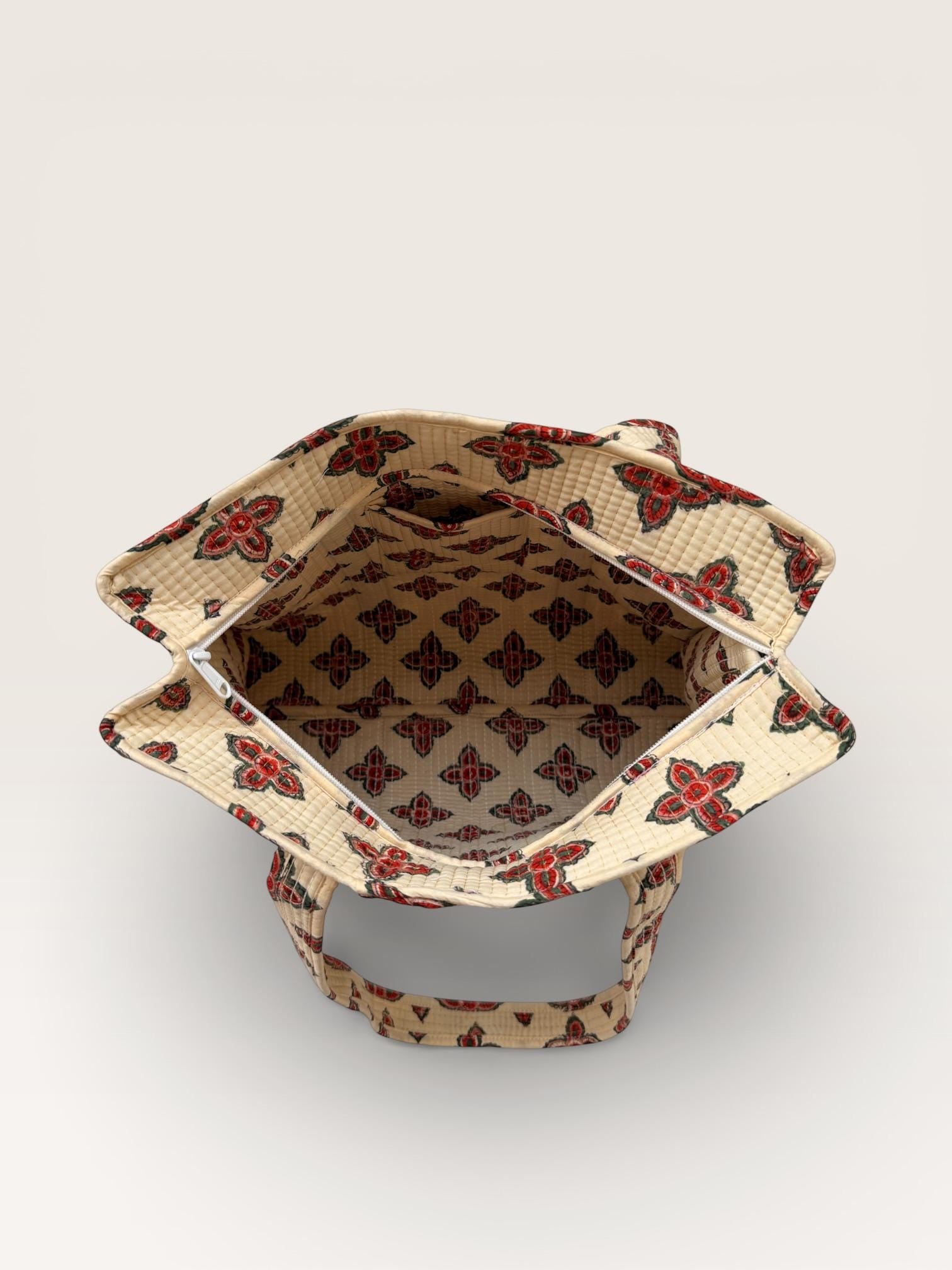 Handmade Block Print Quilted Tote Bag – Beige Cotton Floral Handbag – Indian Blockprint Shoulder Bag – Everyday Eco Friendly Market Bag