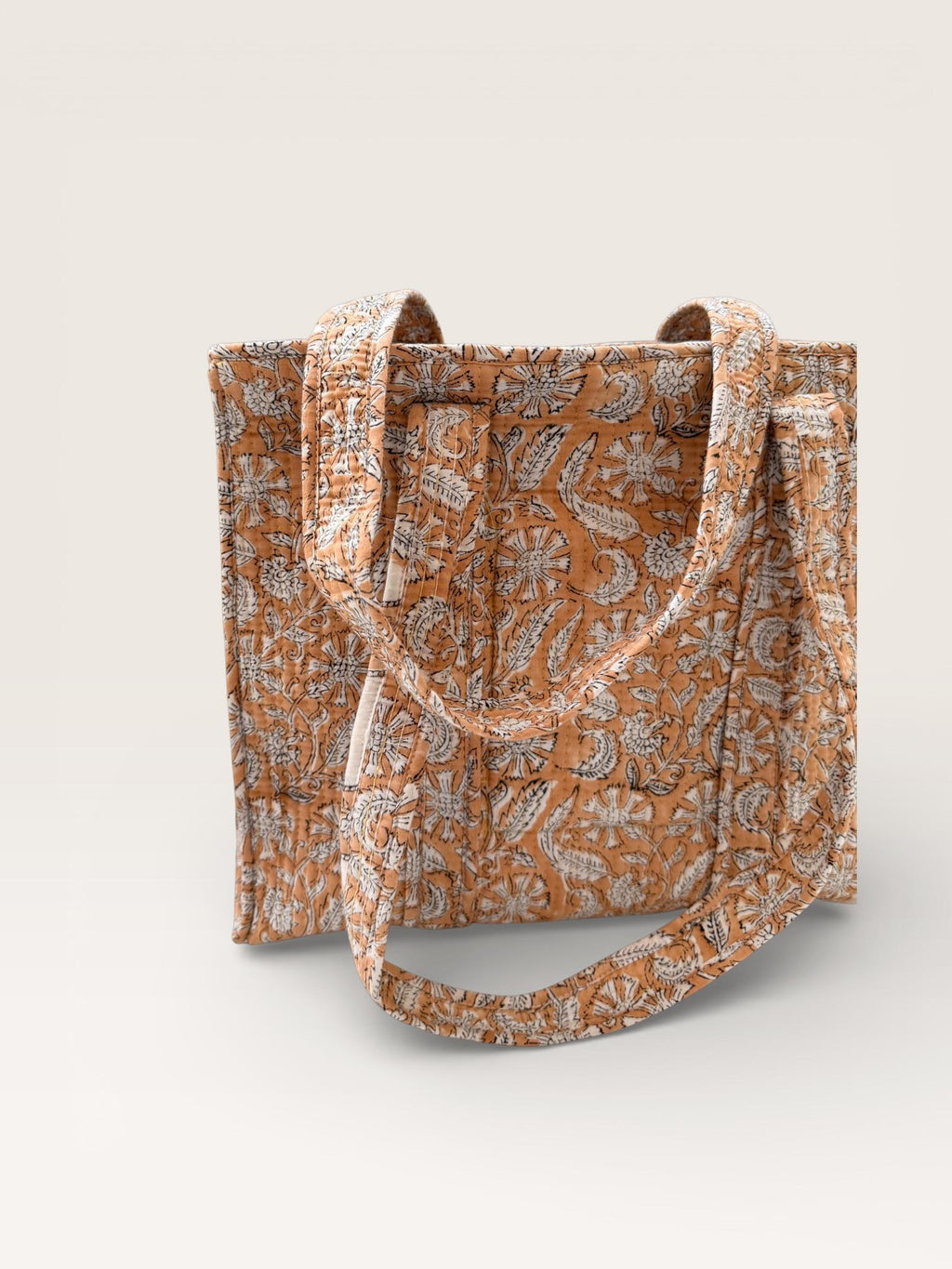 Handmade Block Print Cotton Tote Bag – Brown Floral Indian Handbag – Quilted Shoulder Bag – Eco Friendly Market & Everyday Tote