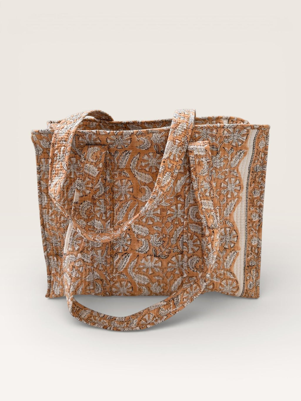 Handmade Block Print Cotton Tote Bag – Brown Floral Indian Handbag – Quilted Shoulder Bag – Eco Friendly Market & Everyday Tote
