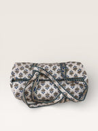 Handmade Block Print Quilted Duffle Bag – Blue & Grey Cotton Weekender Bag – Indian Floral Travel Bag – Overnight Carry On Gym Bag