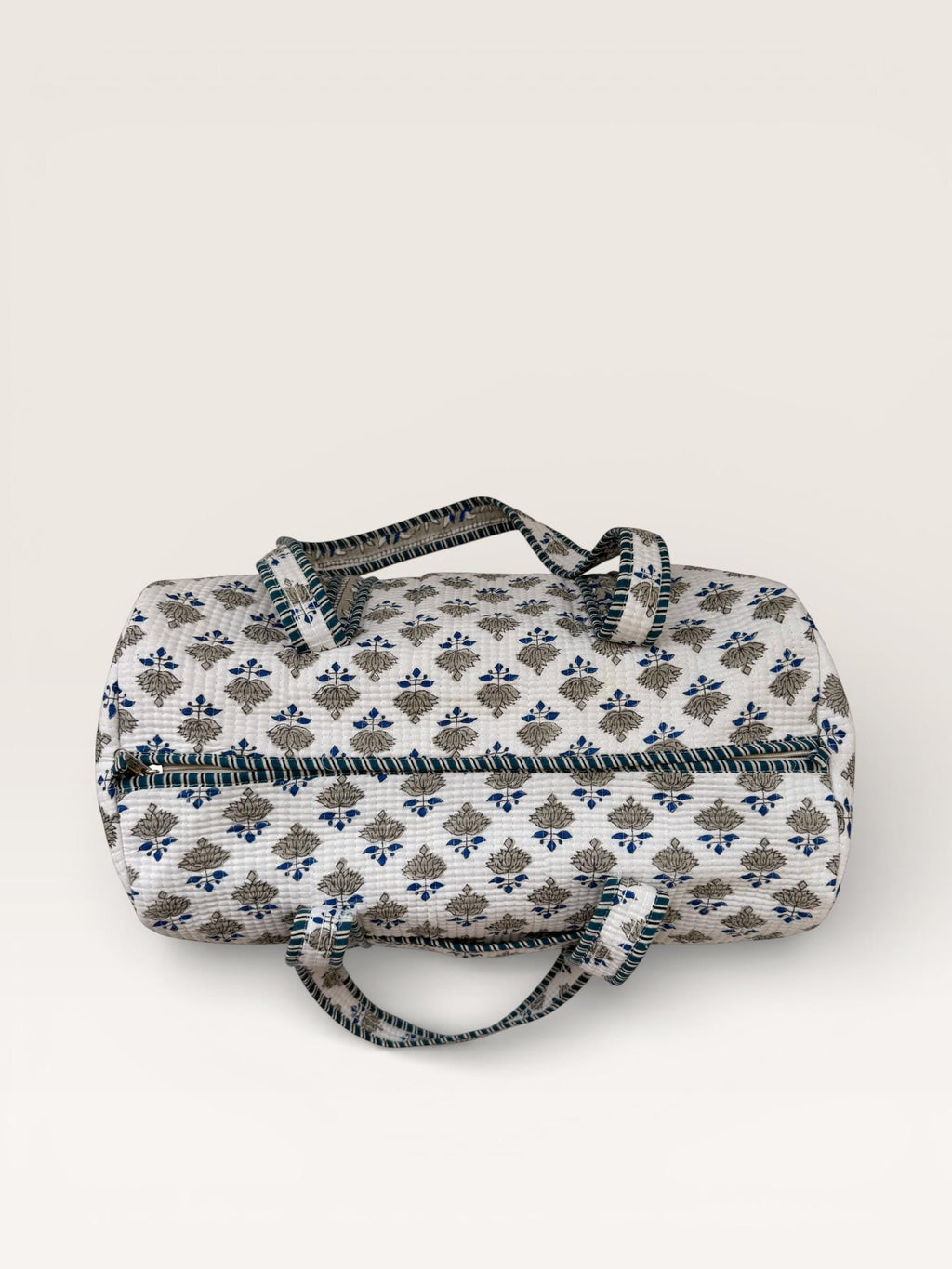 Handmade Block Print Quilted Duffle Bag – Blue & Grey Cotton Weekender Bag – Indian Floral Travel Bag – Overnight Carry On Gym Bag