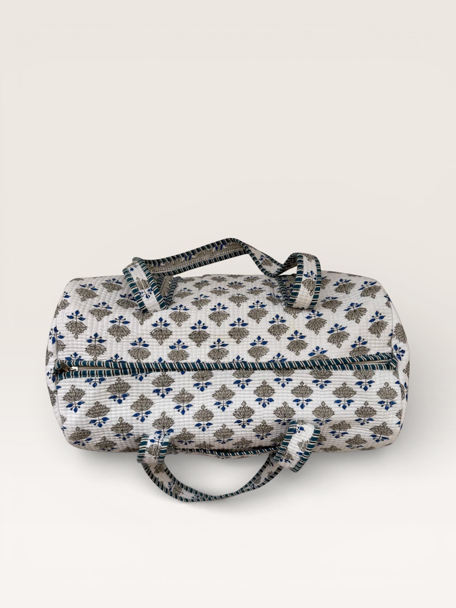 Handmade Block Print Quilted Duffle Bag – Blue & Grey Cotton Weekender Bag – Indian Floral Travel Bag – Overnight Carry On Gym Bag