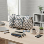 Handmade Block Print Quilted Duffle Bag – Blue & Grey Cotton Weekender Bag – Indian Floral Travel Bag – Overnight Carry On Gym Bag