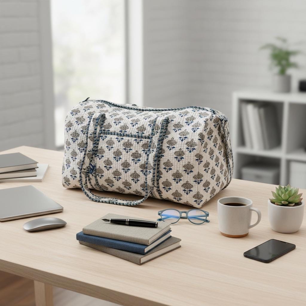 Handmade Block Print Quilted Duffle Bag – Blue & Grey Cotton Weekender Bag – Indian Floral Travel Bag – Overnight Carry On Gym Bag
