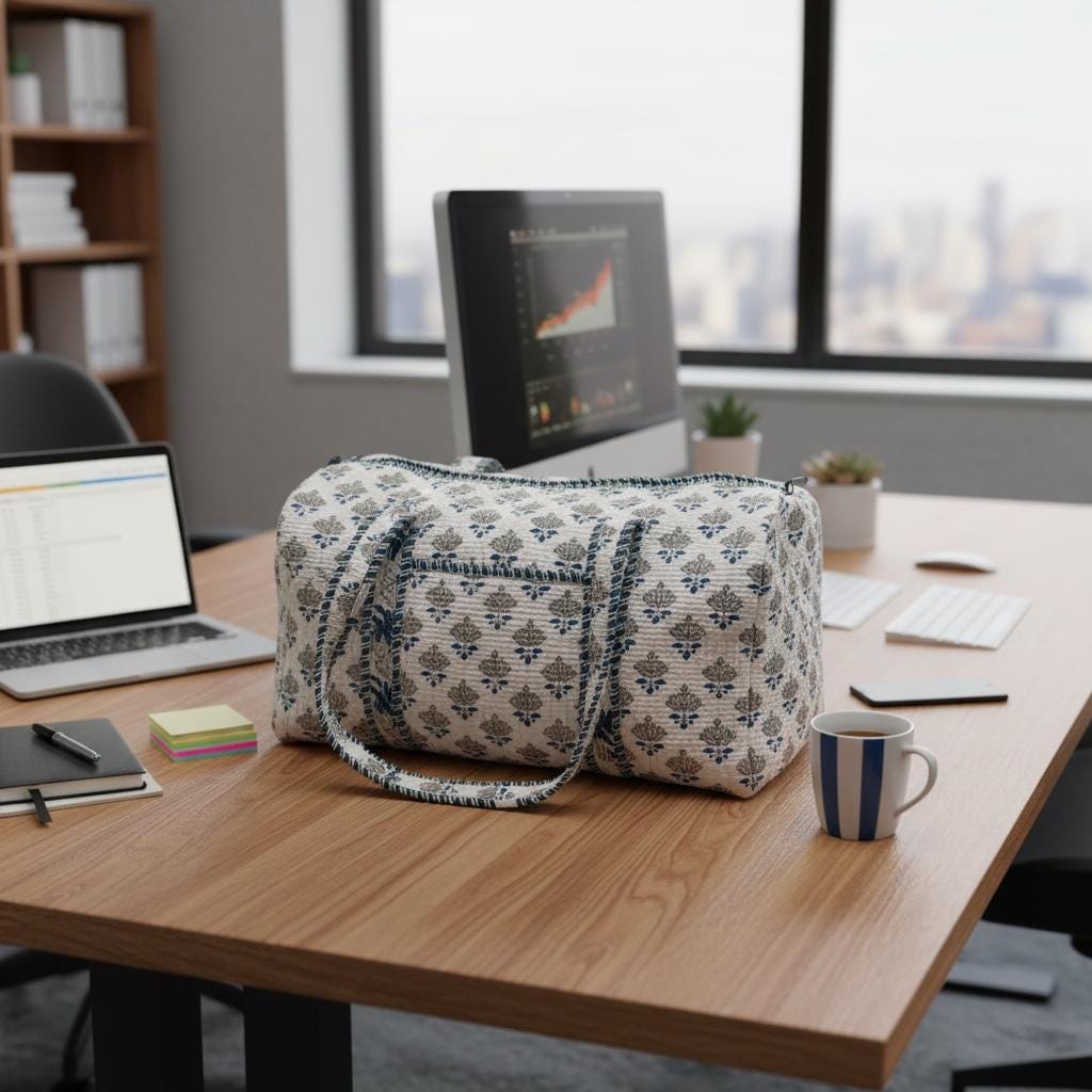 Handmade Block Print Quilted Duffle Bag – Blue & Grey Cotton Weekender Bag – Indian Floral Travel Bag – Overnight Carry On Gym Bag