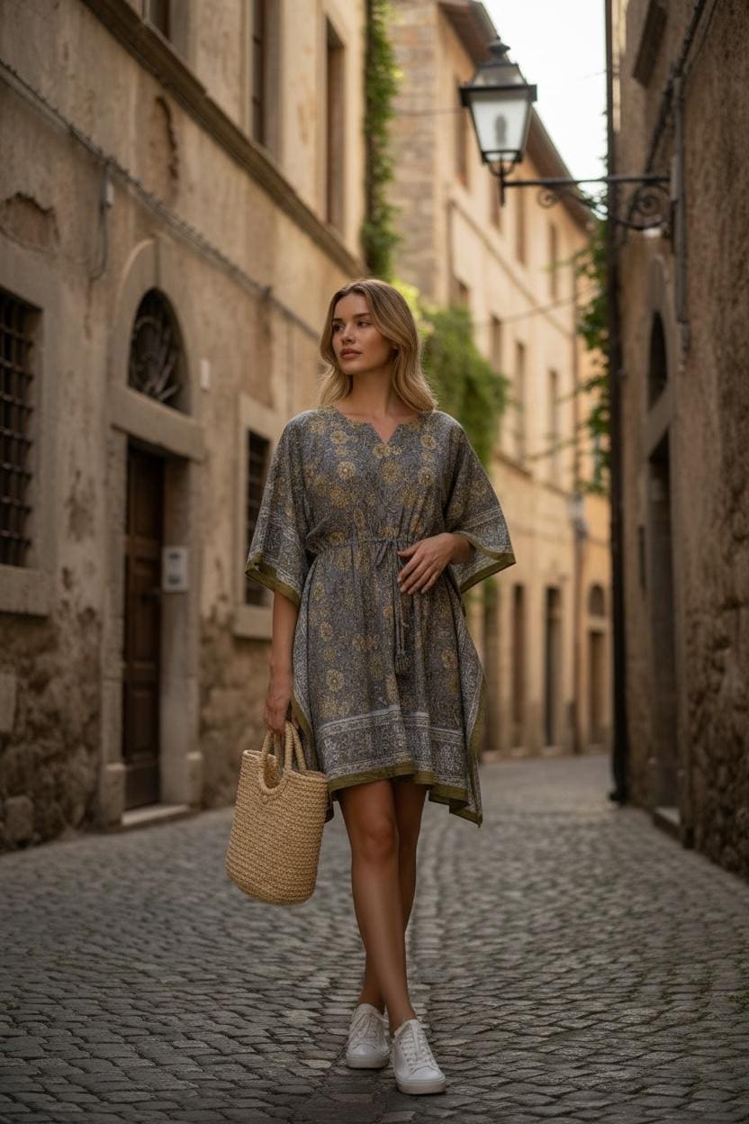 Hand Block Printed Cotton Kaftan – Floral Boho Lounge Top| Boho Summer Kaftan Dress, Relaxed Fit Tunic