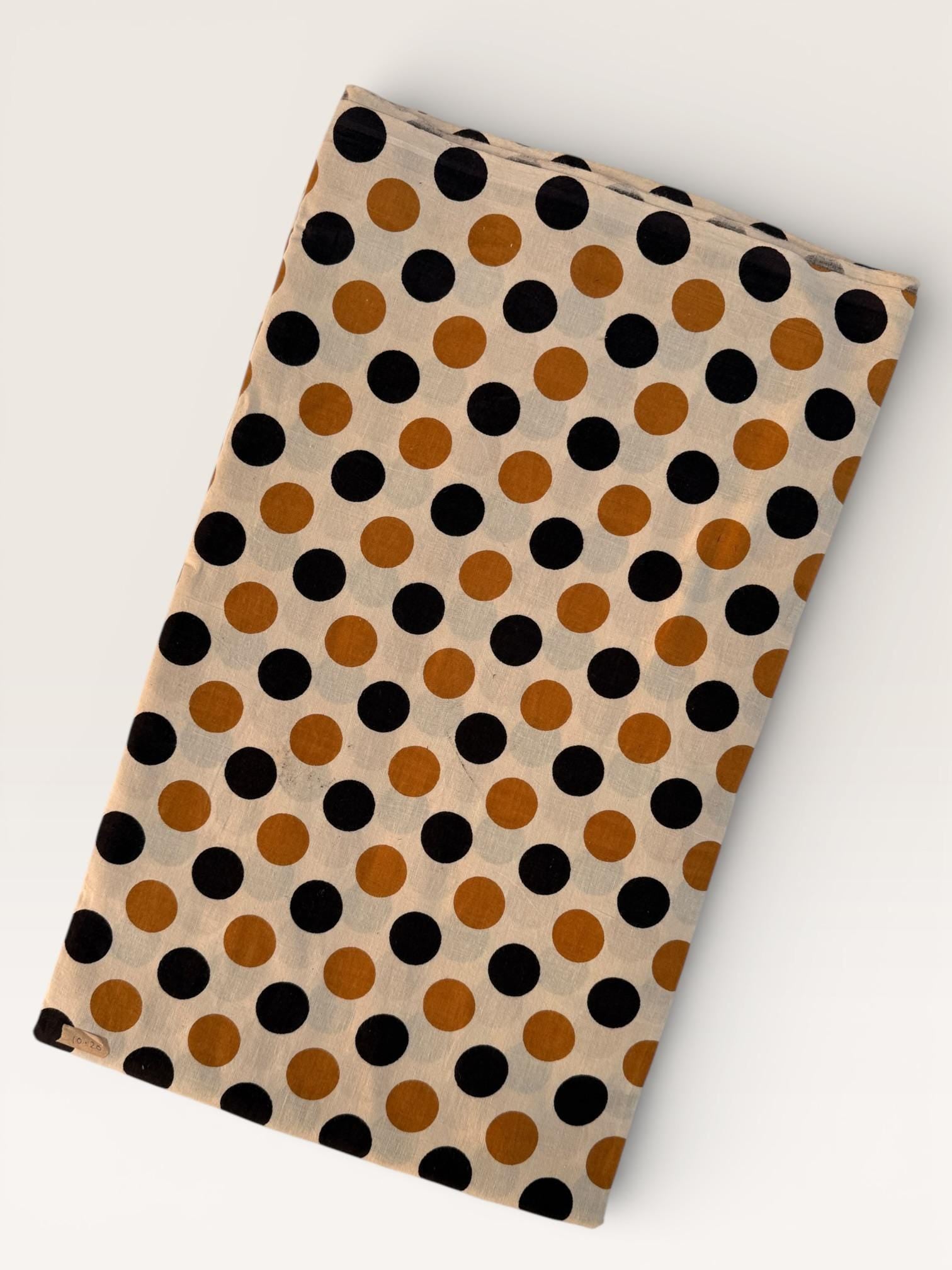 Bagru Hand Block Print Cotton Fabric – Natural Dye Polka Dot Print on Off White Base – Mustard & Black Dots