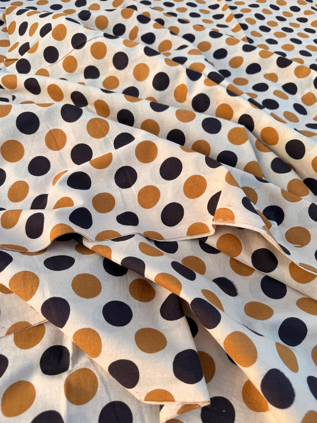 Bagru Hand Block Print Cotton Fabric – Natural Dye Polka Dot Print on Off White Base – Mustard & Black Dots