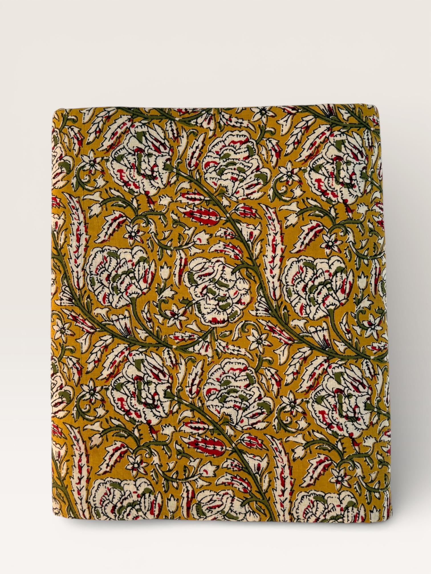 Bagru Hand Block Print Cotton Fabric – Natural Vegetable Dyed Mustard Floral Print – Traditional Bagru Style Fabric by Yard