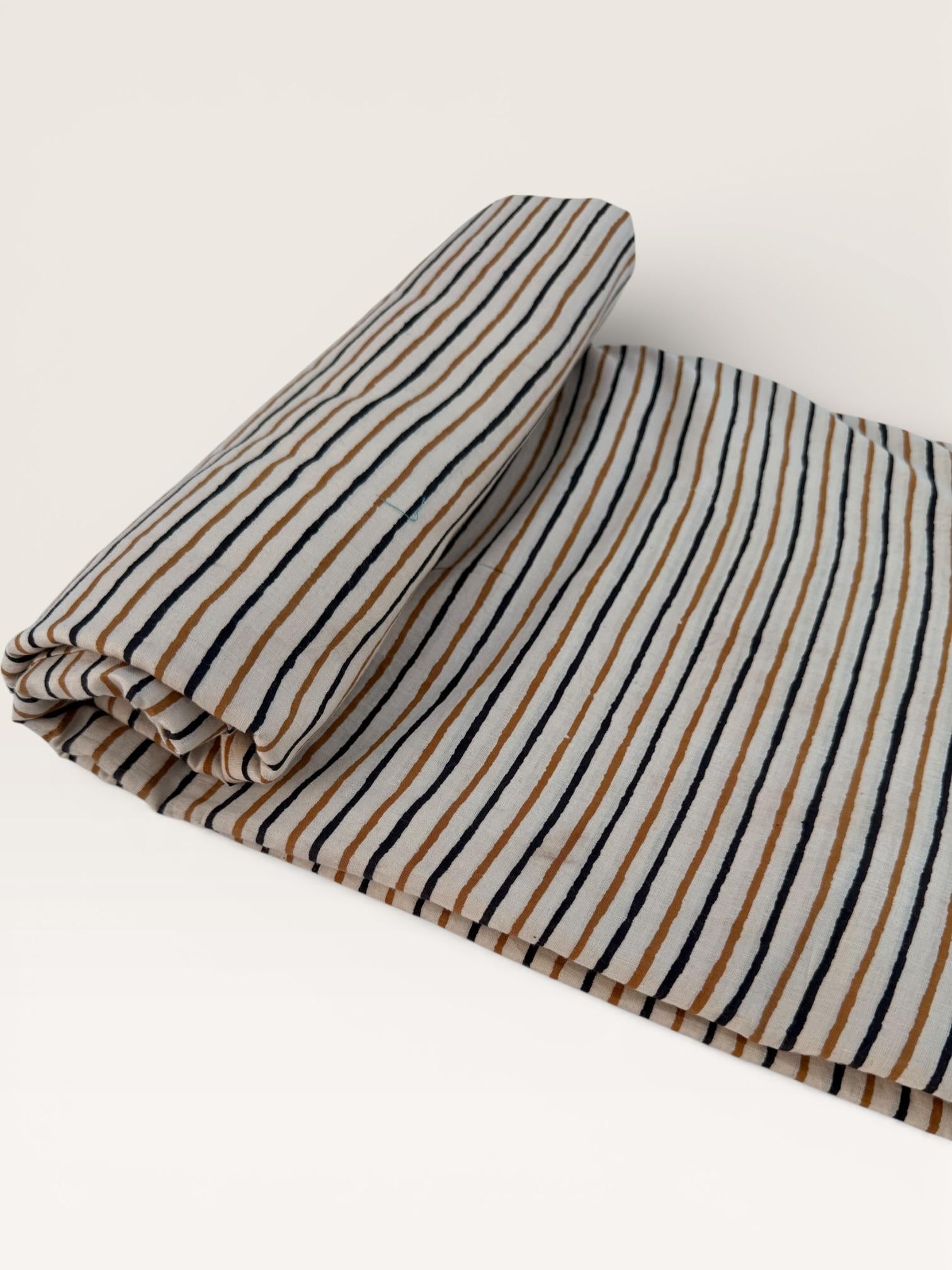 Bagru Hand Block Print Stripe Cotton Fabric – Natural Dye Mustard & Black Stripes – Minimalist Vegetable Dyed Fabric by Yard