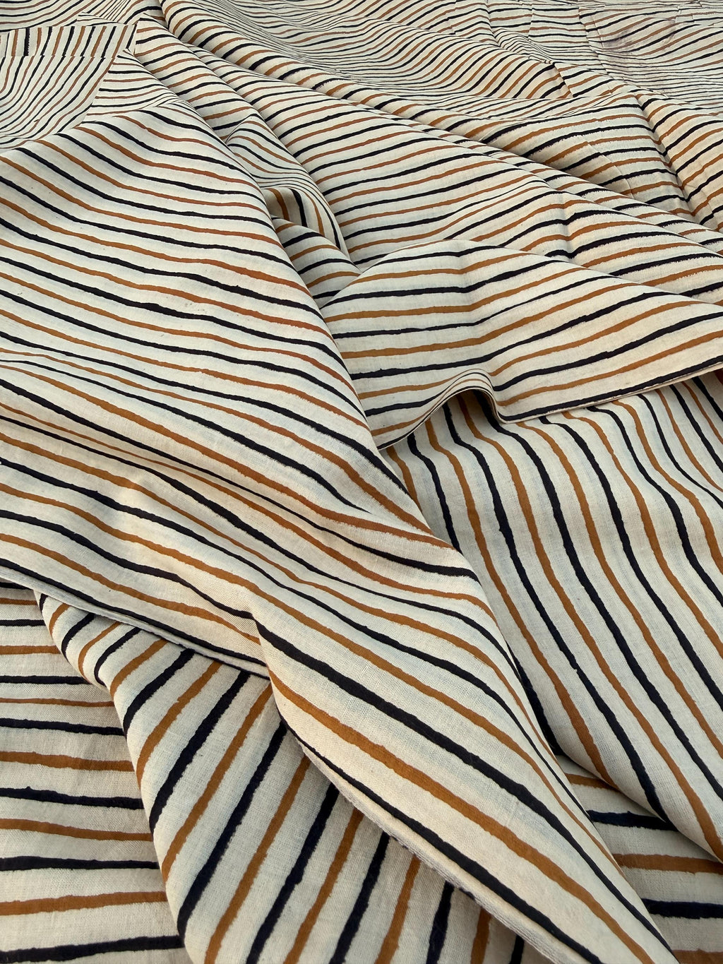 Bagru Hand Block Print Stripe Cotton Fabric – Natural Dye Mustard & Black Stripes – Minimalist Vegetable Dyed Fabric by Yard