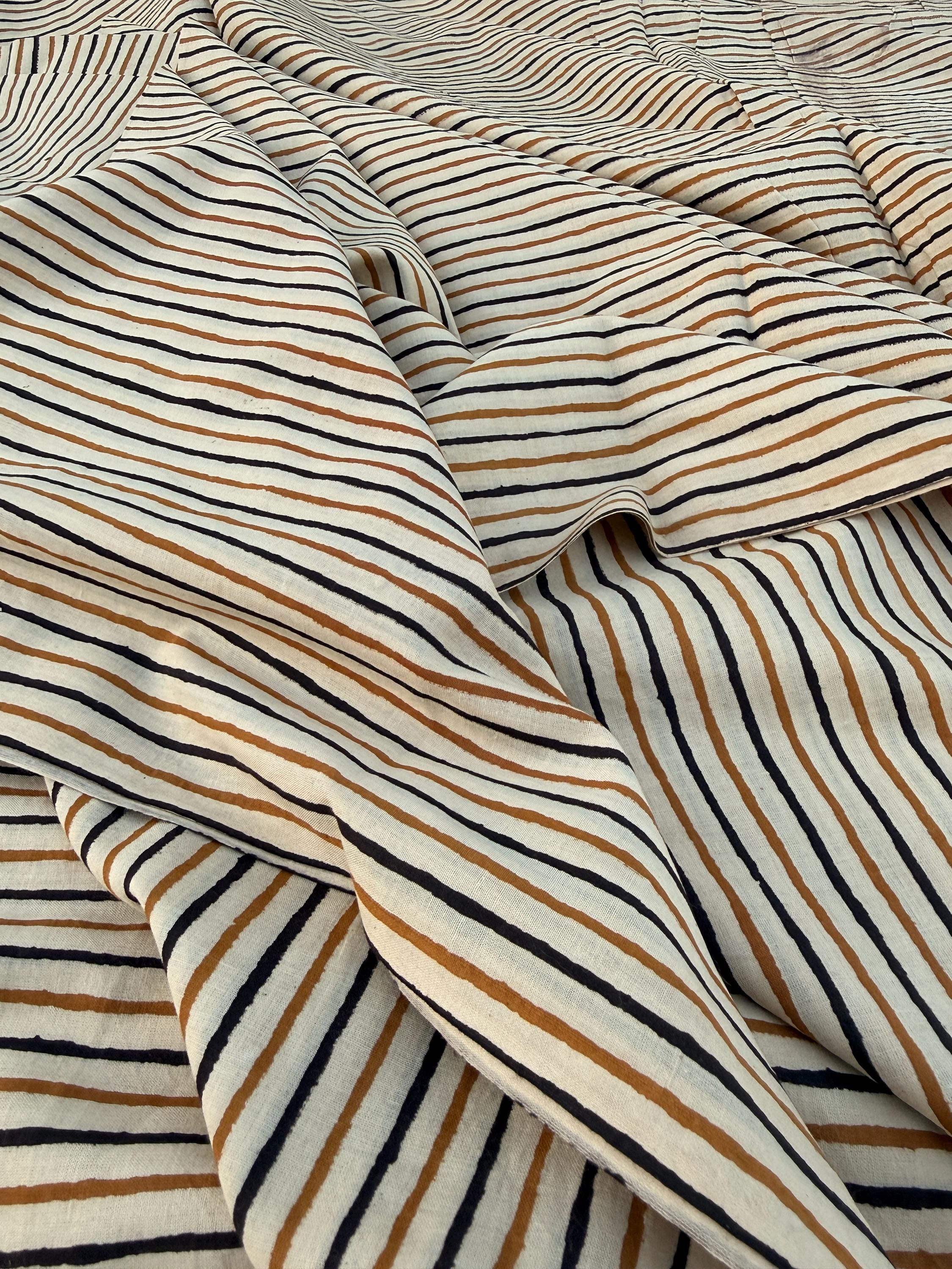 Bagru Hand Block Print Stripe Cotton Fabric – Natural Dye Mustard & Black Stripes – Minimalist Vegetable Dyed Fabric by Yard