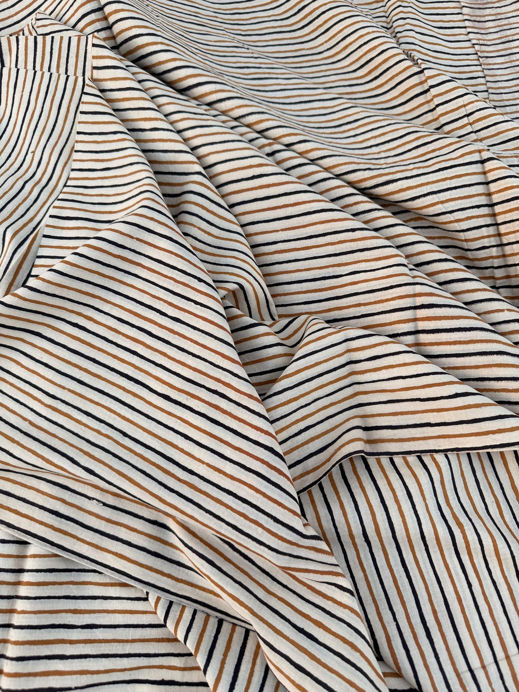 Bagru Hand Block Print Stripe Cotton Fabric – Natural Dye Mustard & Black Stripes – Minimalist Vegetable Dyed Fabric by Yard