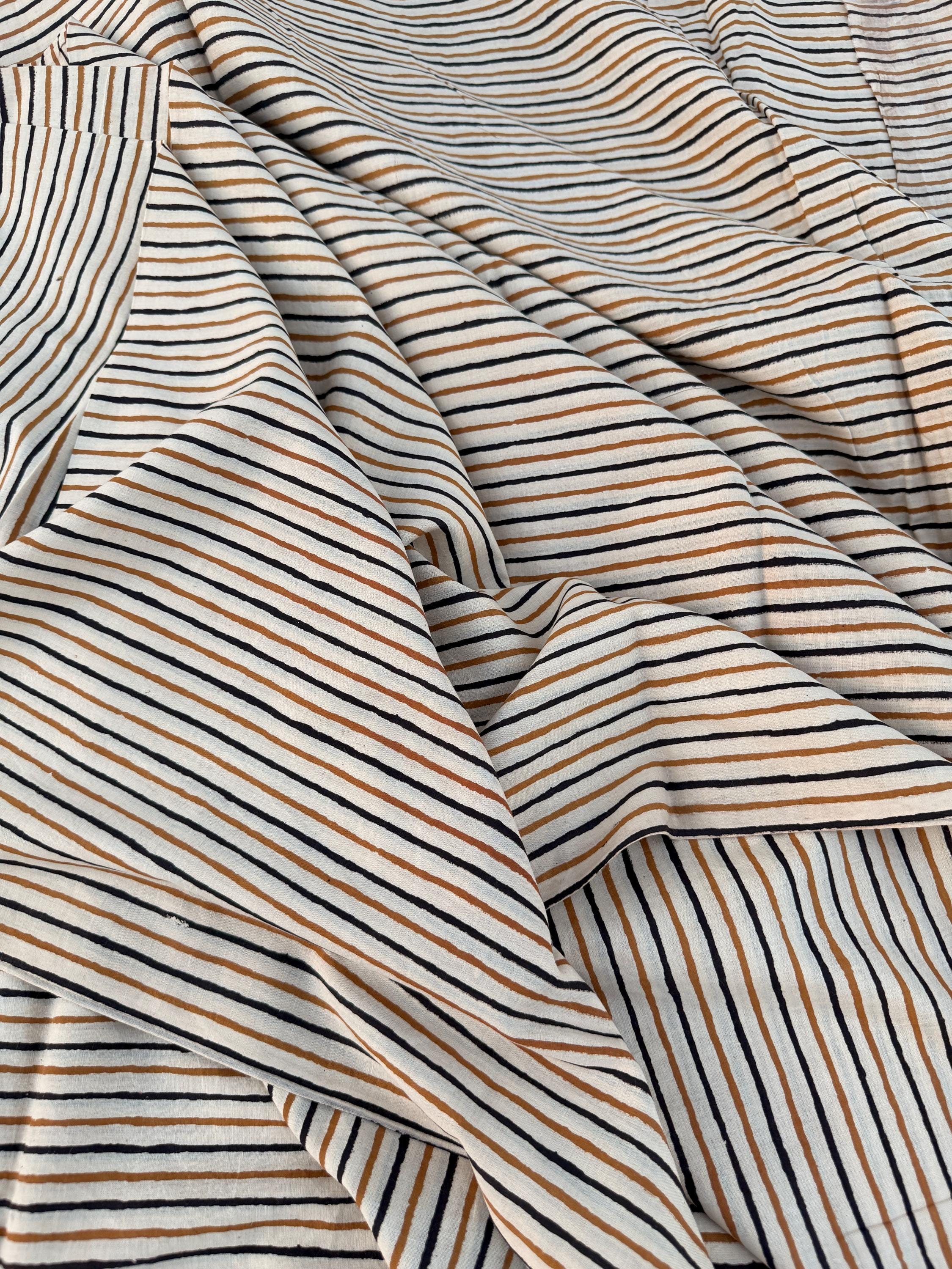 Bagru Hand Block Print Stripe Cotton Fabric – Natural Dye Mustard & Black Stripes – Minimalist Vegetable Dyed Fabric by Yard