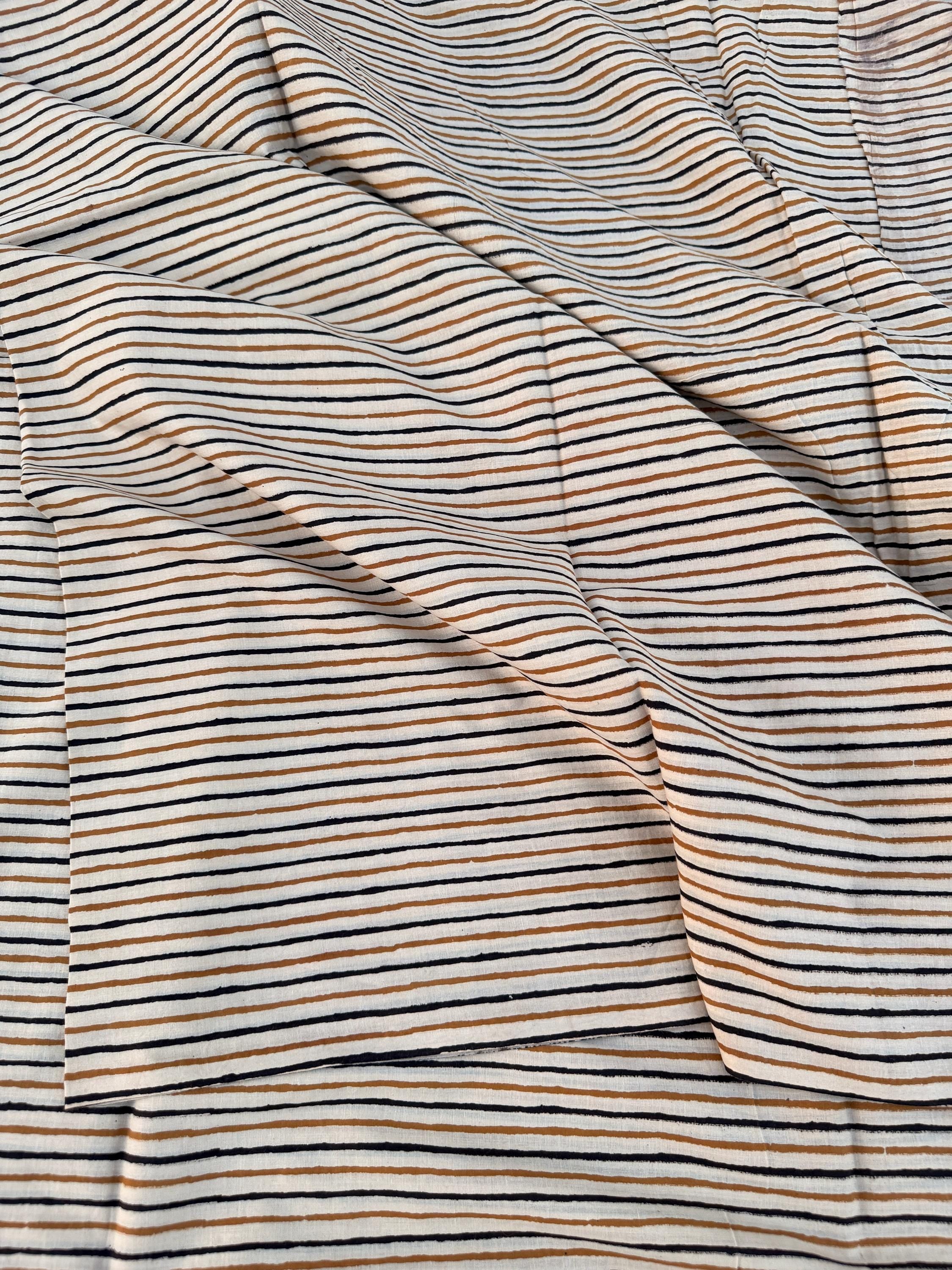 Bagru Hand Block Print Stripe Cotton Fabric – Natural Dye Mustard & Black Stripes – Minimalist Vegetable Dyed Fabric by Yard