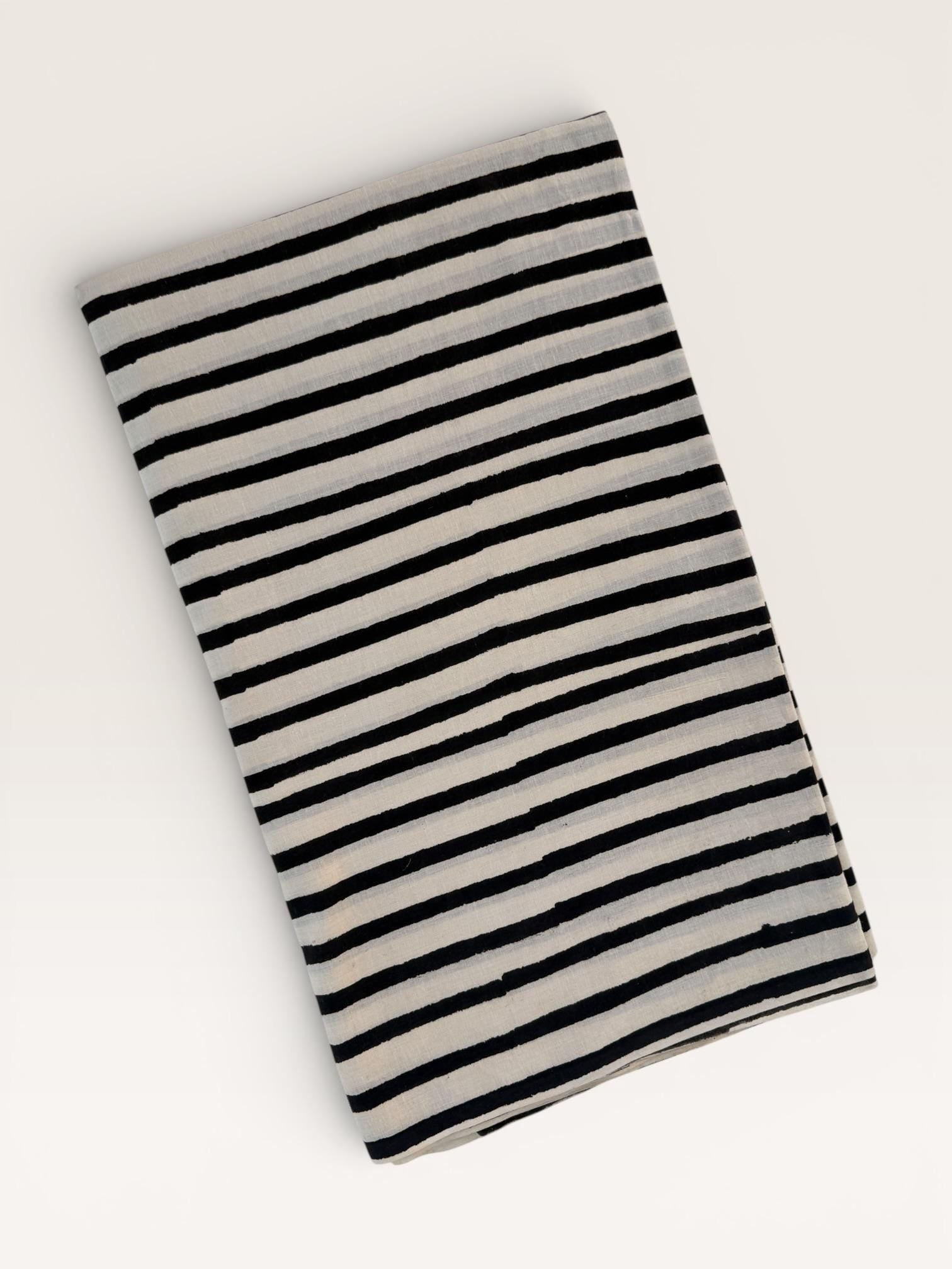 Bagru Hand Block Print Stripe Cotton Fabric – Natural Dye Off White base & Black Stripes – Minimalist Vegetable Dyed Fabric by Yard