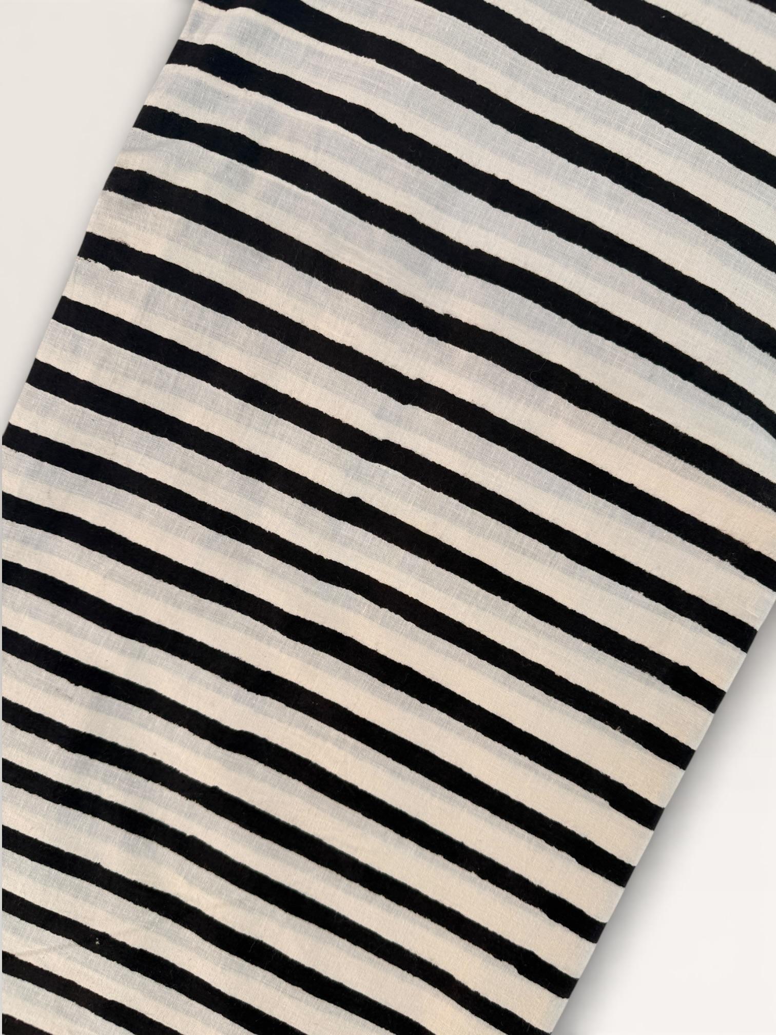 Bagru Hand Block Print Stripe Cotton Fabric – Natural Dye Off White base & Black Stripes – Minimalist Vegetable Dyed Fabric by Yard