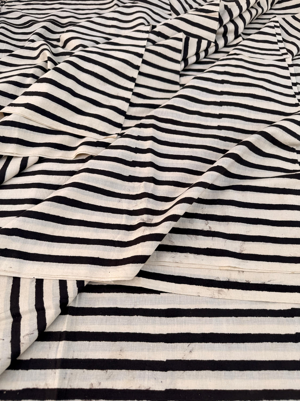 Bagru Hand Block Print Stripe Cotton Fabric – Natural Dye Off White base & Black Stripes – Minimalist Vegetable Dyed Fabric by Yard