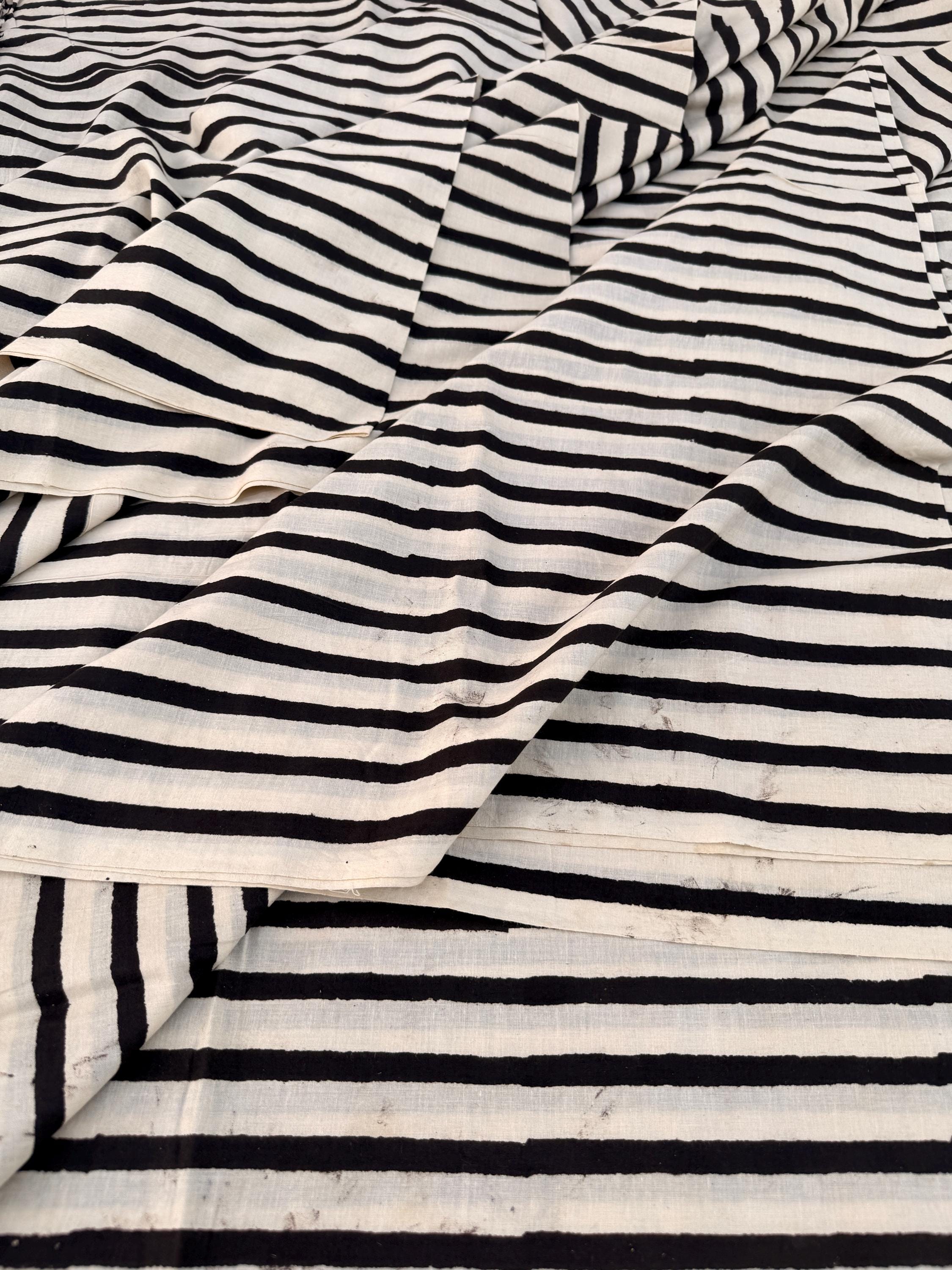 Bagru Hand Block Print Stripe Cotton Fabric – Natural Dye Off White base & Black Stripes – Minimalist Vegetable Dyed Fabric by Yard