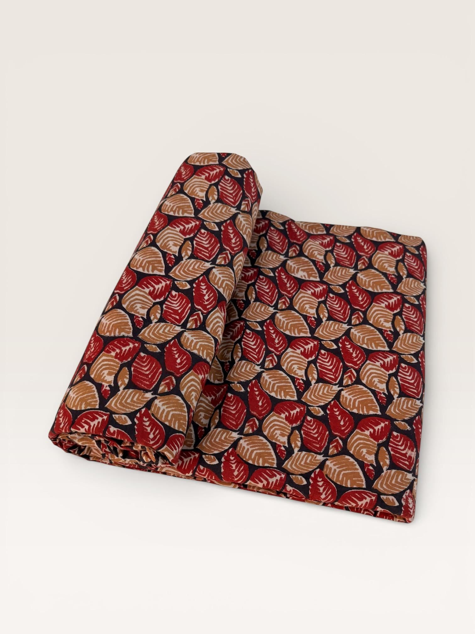 Bagru Block Print Cotton Fabric – Natural Dyed Leaf Print Fabric – Handmade Indian Block print Running Material – Red Mustard on Indigo Base