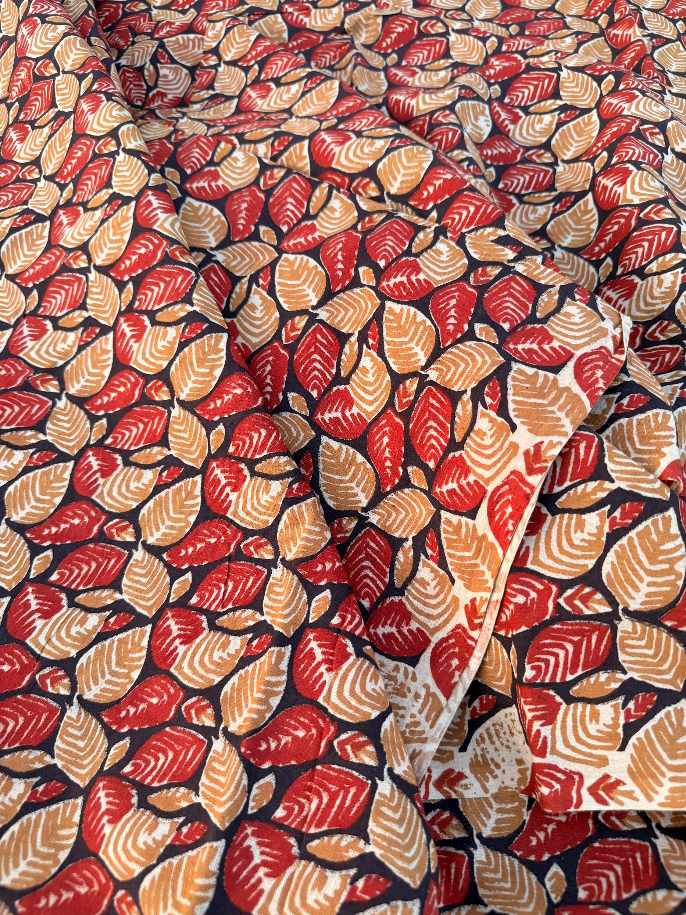 Bagru Block Print Cotton Fabric – Natural Dyed Leaf Print Fabric – Handmade Indian Block print Running Material – Red Mustard on Indigo Base