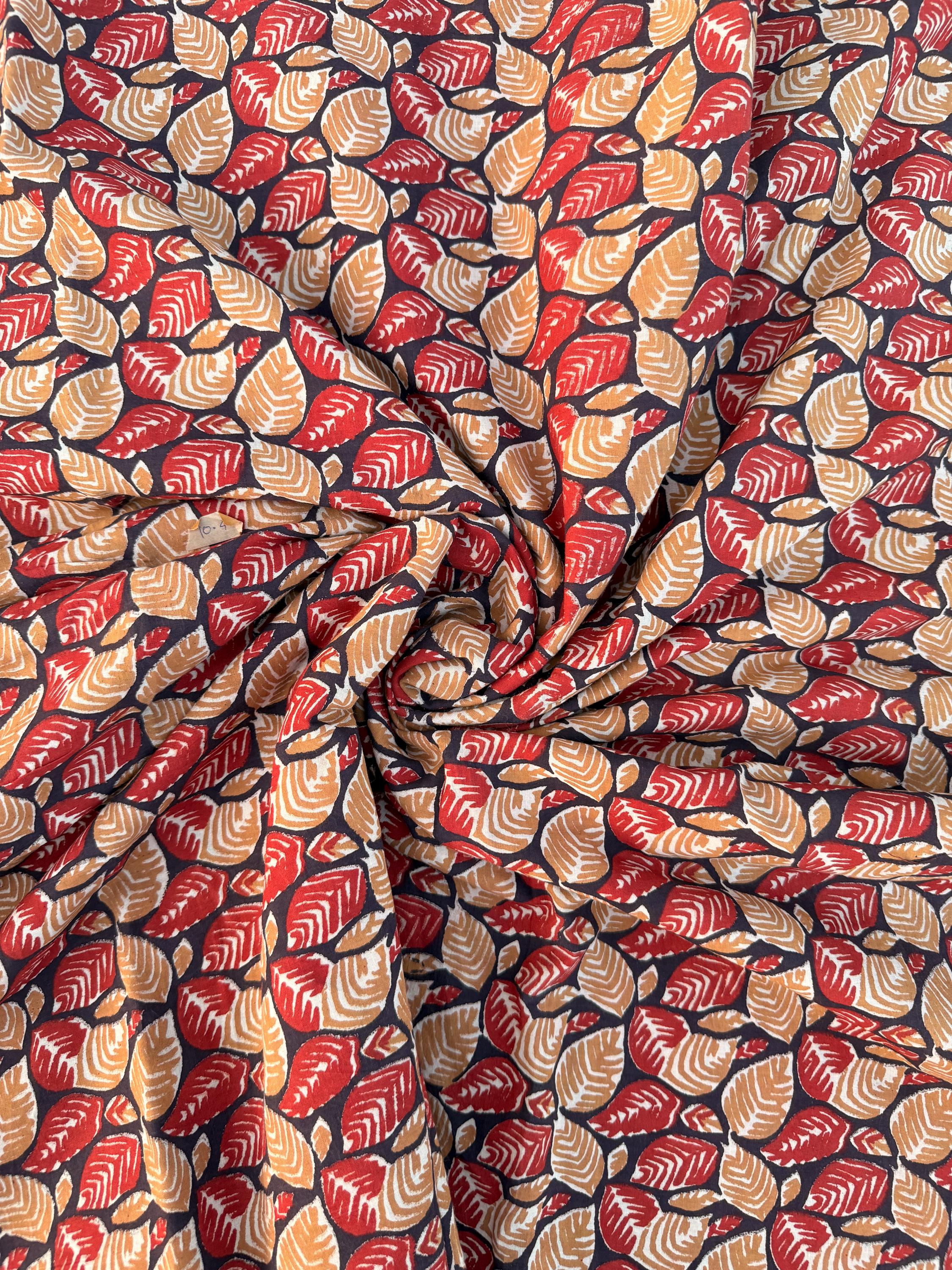 Bagru Block Print Cotton Fabric – Natural Dyed Leaf Print Fabric – Handmade Indian Block print Running Material – Red Mustard on Indigo Base