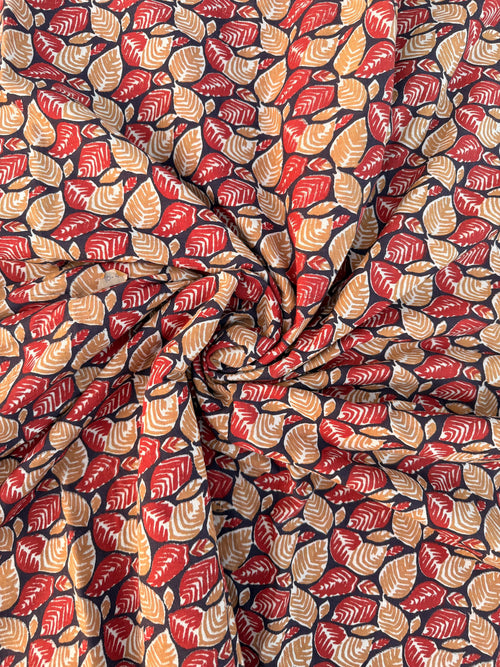 Bagru Block Print Cotton Fabric – Natural Dyed Leaf Print Fabric – Handmade Indian Block print Running Material – Red Mustard on Indigo Base