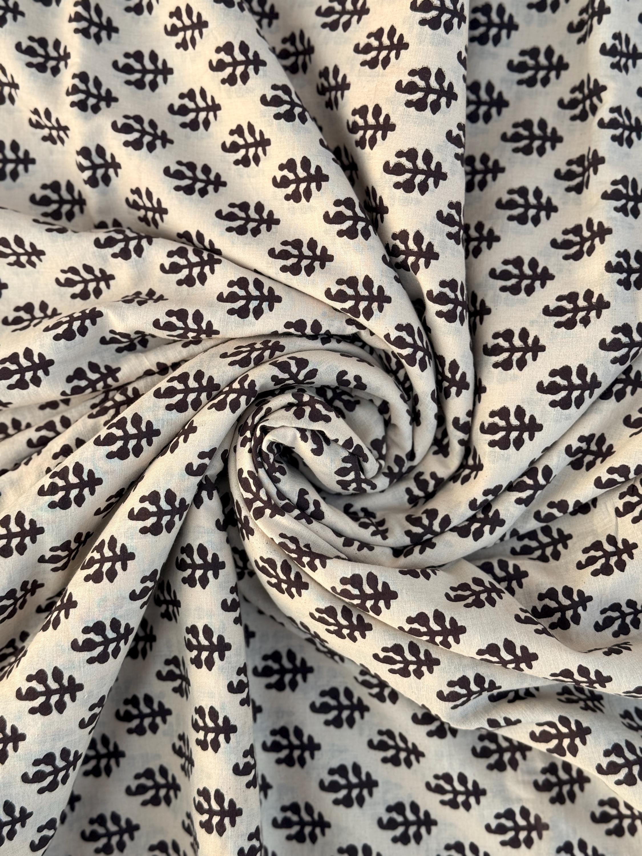 Bagru Block Print Cotton Fabric by Yard, Black Floral Booti on Beige Natural Dye Fabric,Block Printed Indian Textile, Sewing Quilting Fabric