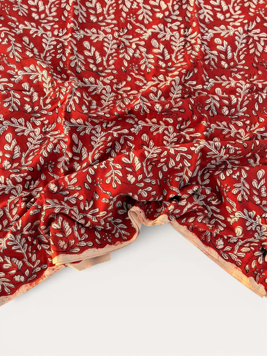Bagru Block Print Cotton Fabric by Yard, Red Floral Vine Natural Dye Fabric, Hand Block Printed Indian Textile, Sewing Quilting Craft Fabric