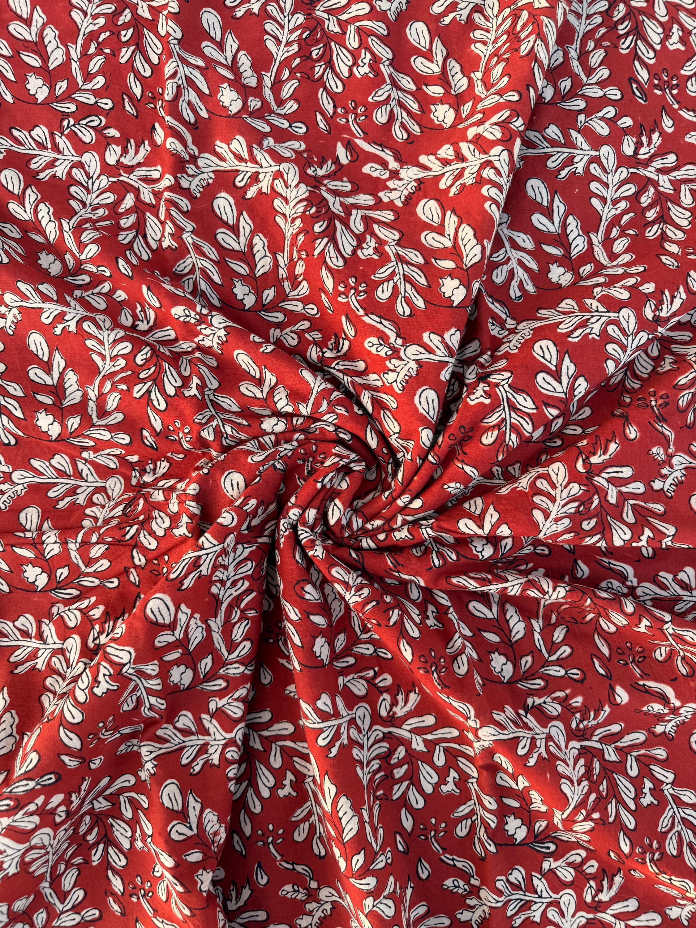Bagru Block Print Cotton Fabric by Yard, Red Floral Vine Natural Dye Fabric, Hand Block Printed Indian Textile, Sewing Quilting Craft Fabric