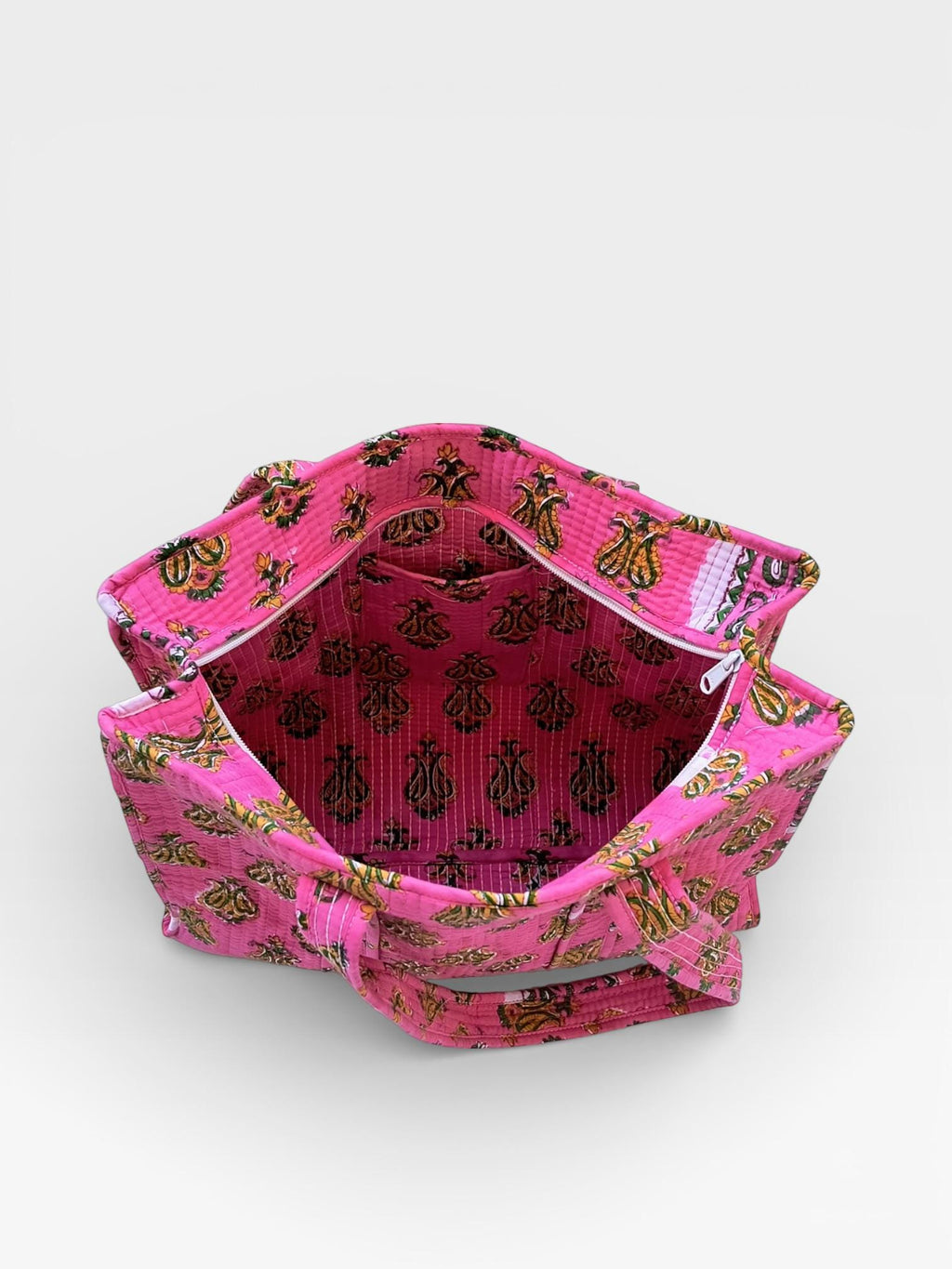 Pink Block Print Quilted Tote Bag, Handmade Cotton Tote, Indian Blockprint Shoulder Bag, Boho Everyday Bag, Reusable Shopping Bag