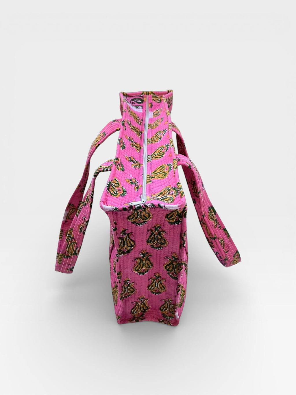 Pink Block Print Quilted Tote Bag, Handmade Cotton Tote, Indian Blockprint Shoulder Bag, Boho Everyday Bag, Reusable Shopping Bag