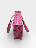 Pink Block Print Quilted Tote Bag, Handmade Cotton Tote, Indian Blockprint Shoulder Bag, Boho Everyday Bag, Reusable Shopping Bag