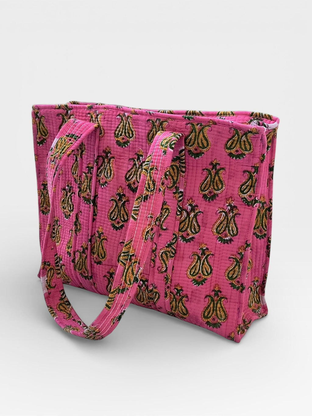 Pink Block Print Quilted Tote Bag, Handmade Cotton Tote, Indian Blockprint Shoulder Bag, Boho Everyday Bag, Reusable Shopping Bag