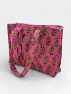 Pink Block Print Quilted Tote Bag, Handmade Cotton Tote, Indian Blockprint Shoulder Bag, Boho Everyday Bag, Reusable Shopping Bag