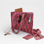 Pink Block Print Quilted Tote Bag, Handmade Cotton Tote, Indian Blockprint Shoulder Bag, Boho Everyday Bag, Reusable Shopping Bag